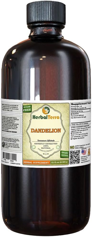 Voikukka (Taraxaccum Officinale) Tincture, Organic kuivattu juuria Liquid Extract (Brand Name: HerbalTerra, Proudly Made in USA) 32 fl.oz (0,95 l)
