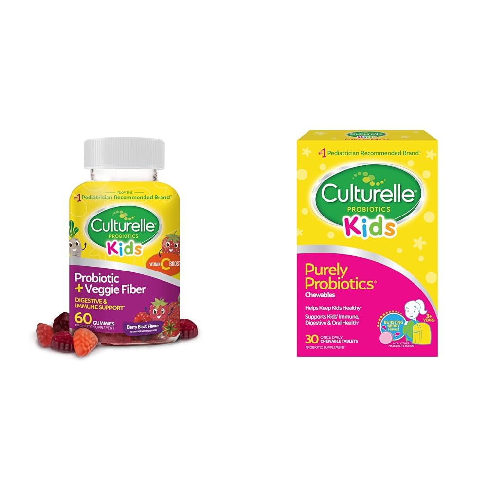Culturelle Päivittäinen Probiootti lapsille + Kasviskuitu Gummies (Ages 3+) - 60 Count & Kids Chewable Daily Probiootti lapsille, Ikä 3+, 30 Count