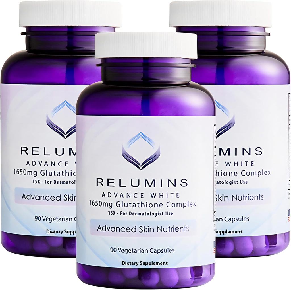 Relumins L-Glutathione Complex 1650mg - Antioxidant Support med Alpha Lipoic Acid, NAC, L-Methionine, Vitamin E, Skin Health Supplement, Made in USA - 90 vegetariska kapslar x 3 flaskor
