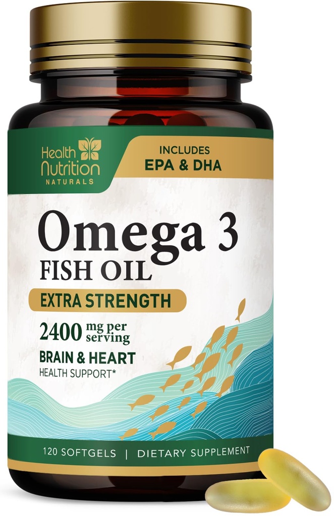 Omega 3 Fish Oil 2400 mg - Triple Strength Omega-3 Lisäravinteet - Natural Brain Heart Health & Immuuni Tuki - Rasvahapot EPA & DHA - Wild Catch Puhdistettu kalaöljy täydentää - 120 Softgels