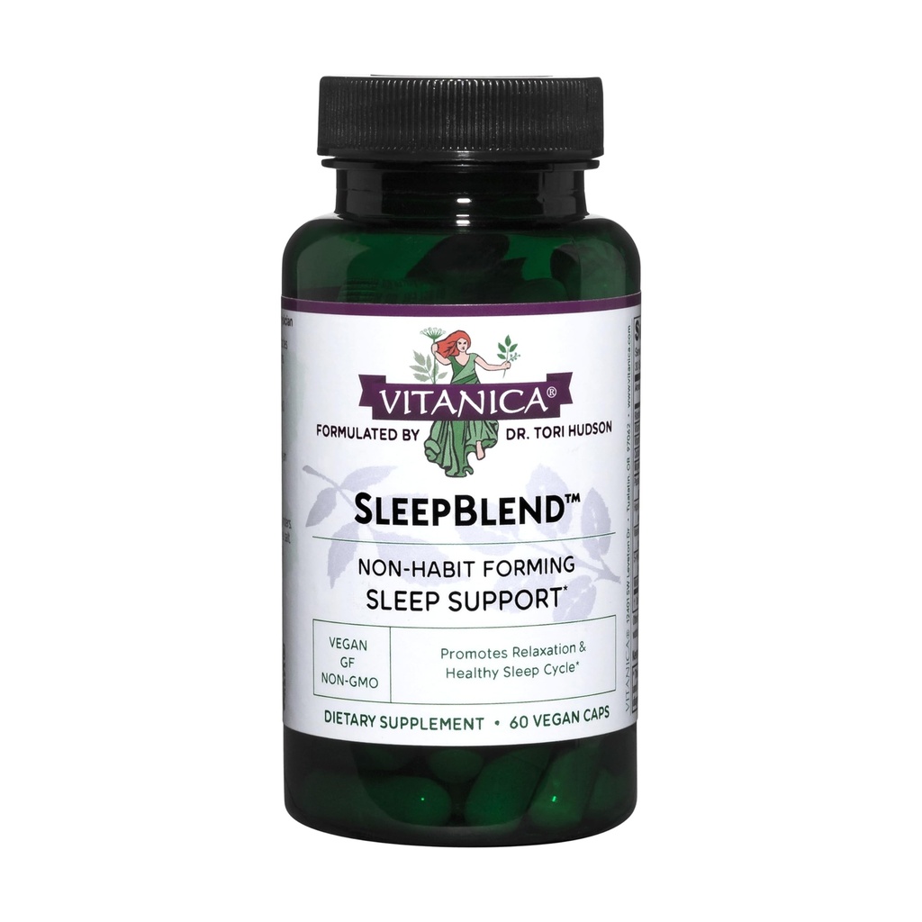 Vitanica SleepBlend, Non Habit Forming Sleep Support Supplement, Melatoniini, Valerian juuri, intohimokukka ja humala, Vegan, 60 kapselia