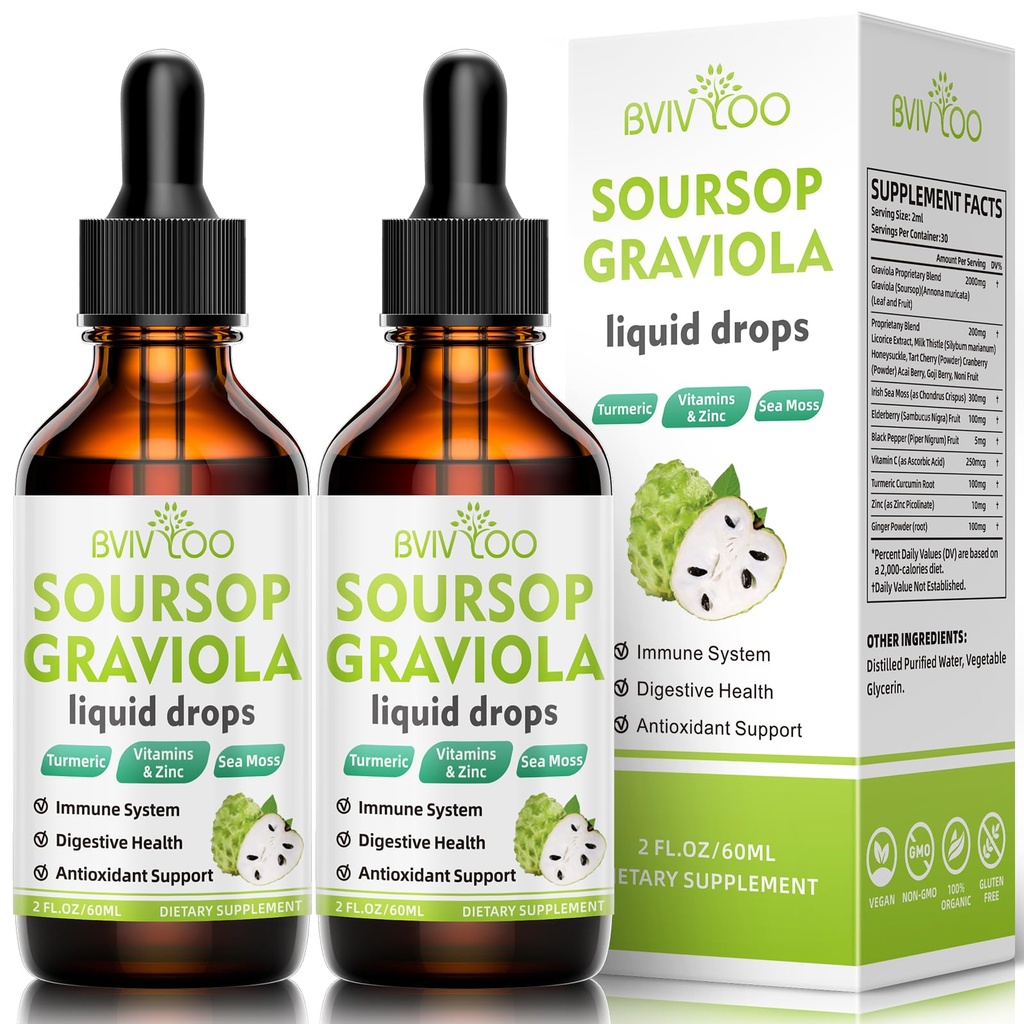 2 Pack Soursop Graviola Liquid Drops - 2000mg Pure Soursop Extract Sekoitettu 300 mg Sea Moss & 100mg Elderberry - Tehokas Cell tuki, antioksidantti-Rich, immuuni Boosting - 4 Fl Oz (120ml) pullo