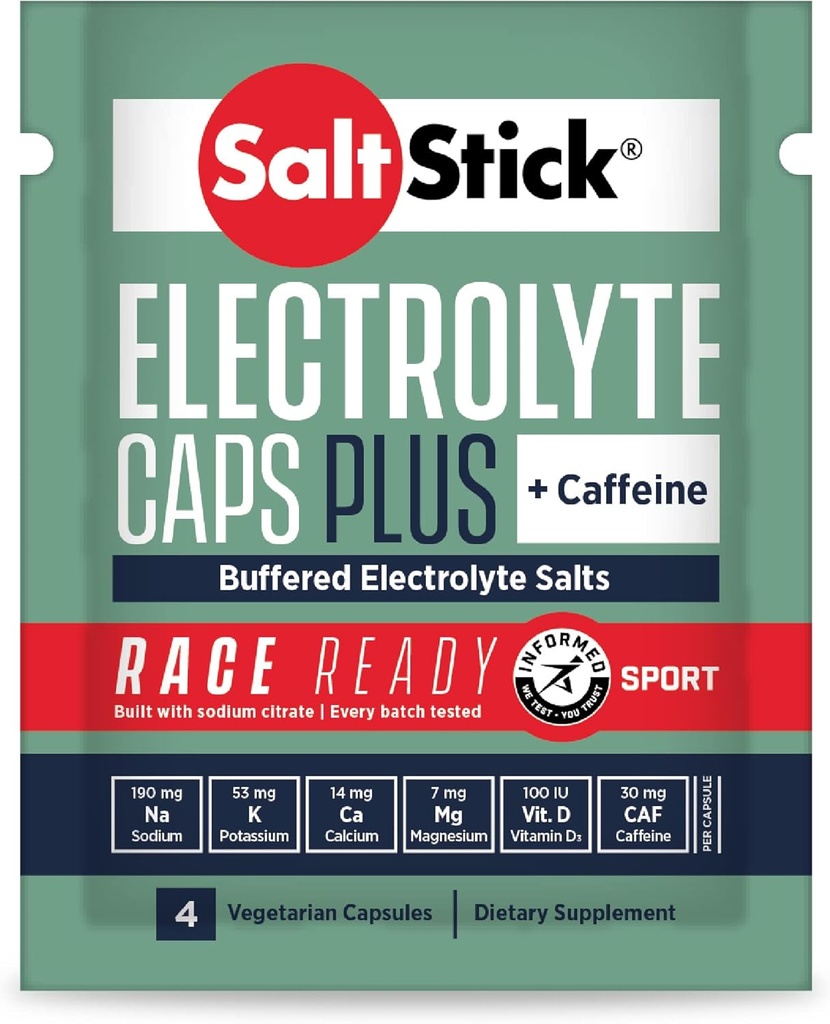 SaltStick Race Ready Electrolyte Capsules med koffein | 96 kapslar | Salt Pills för körning, Hydration, hjälper till att minska muskelkramper | 24 Packets, 4 kapslar