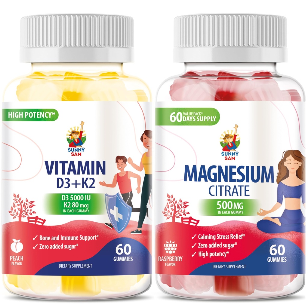 D3-vitamiini K2 Gummies 5000 IU - Immuuni- ja luusumutteet ja magnesiumjuomat lapsille ja aikuisille - 500 mg