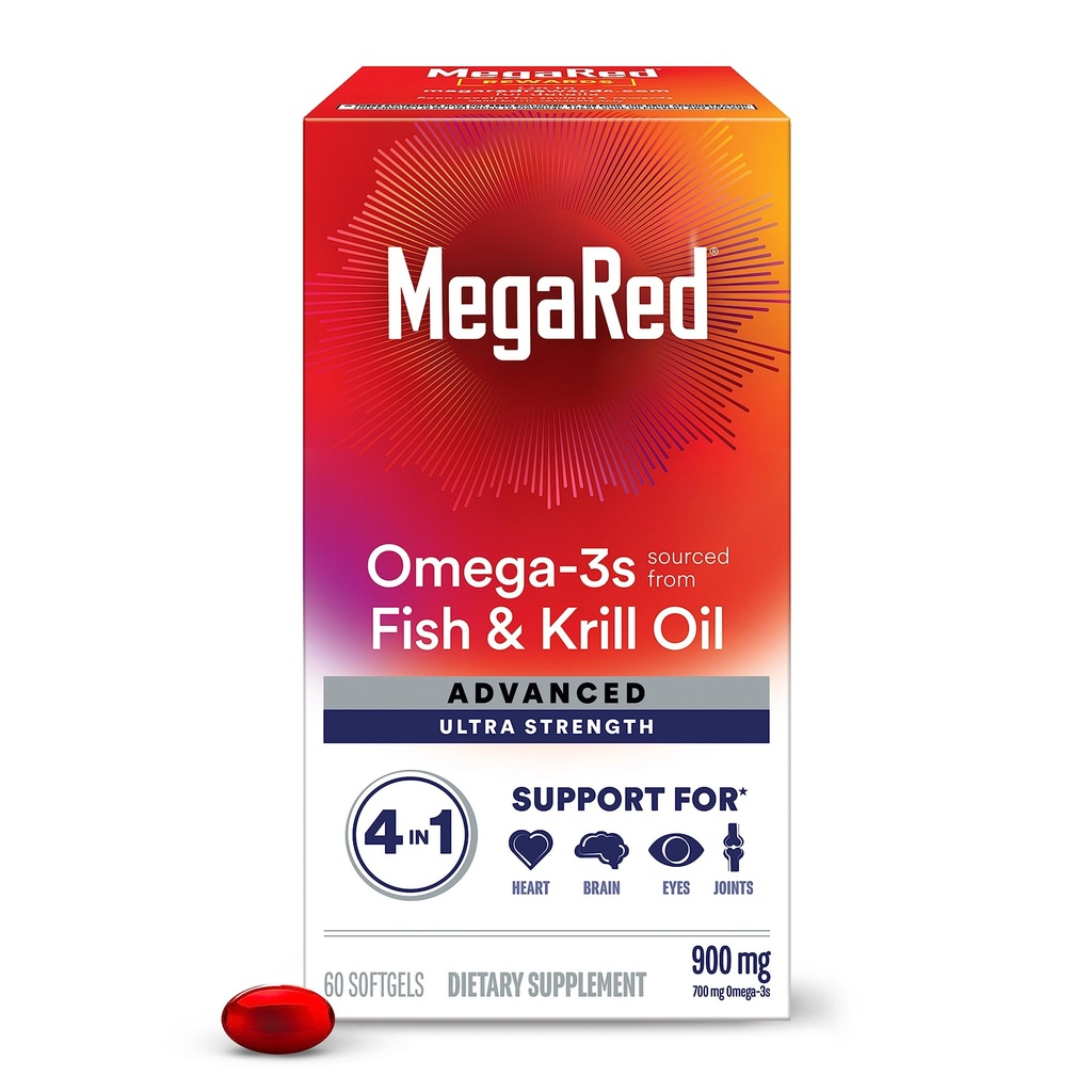 Megared Omega-3 Fish & Krill Oil Supplement 900mg - MegaRed Advanced 4in1, 60 softgels, 2x Lisää Omega-3, sydän, nivelet, aivot ja silmät täydentää, punainen, 60 kreivi