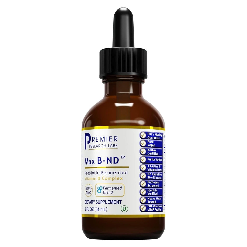 Premier Research Labs Max B-ND Liquid Vitamiini - B-Complex maksan ja aivojen terveys - Sublingual Drops for Energy, Immuuni ja lisämunuaisten tuki - 2 fl oz - Thiamin, B12, B6 & More - miehille, naisille