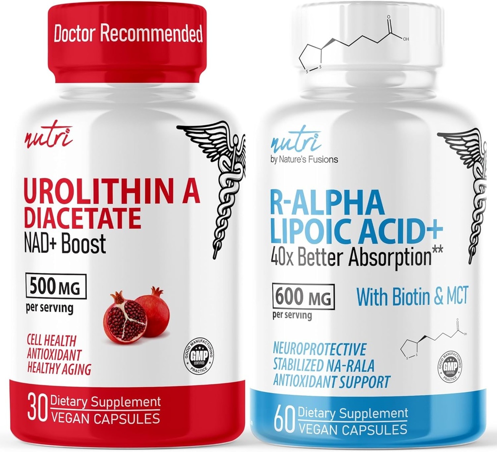 Luonnon fuusiot Urolithin A Diasetaatti 500 mg & R Alpha Lipoic Acid 600 mg (60 kapselia) - Antioksidantti/Energia Bundle