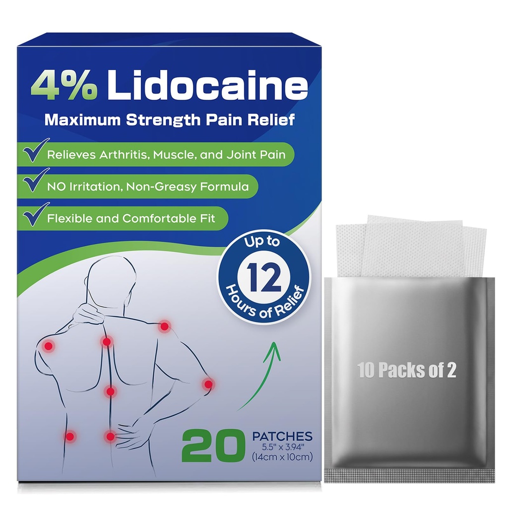 Uposiut 4% lidokaiinia Patches, 20 kreiviä Maksimi vahvuus lidokaiinia patches (20 paikkaa), lihaskipua lievittämiseen niskassa, hartioilla, takana, polvilla ja ankeilla, 12 tunnin kipulääkettä 012345