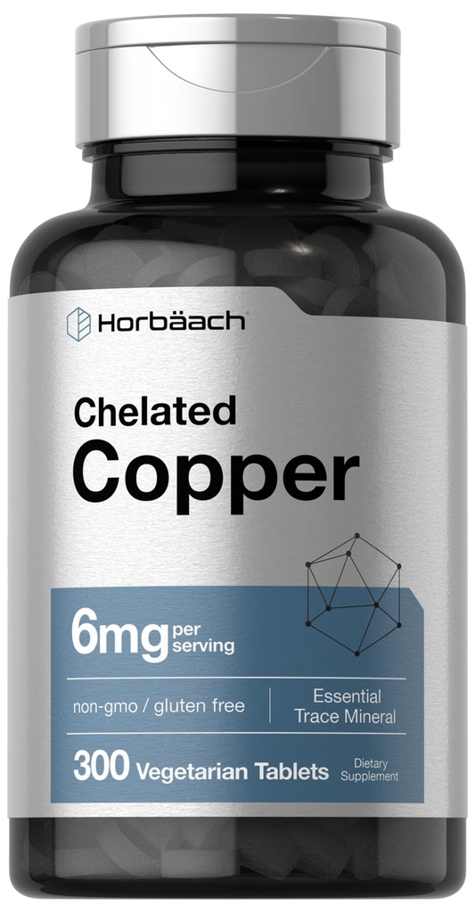 Horbäach Chelated Copper Supplement 6mg | 300 tabletter | Essential Trace Mineral | Vegetarian, icke-GMO, Gluten Free