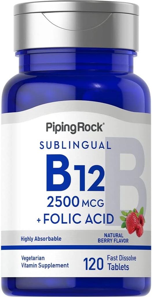 Piping Rock-vitamiini B12 Alakielinen 2500 mikrog 120 tablettia Folic Acid ...