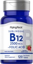 Piping Rock-vitamiini B12 Alakielinen 2500 mikrog 120 tablettia Folic Acid ...