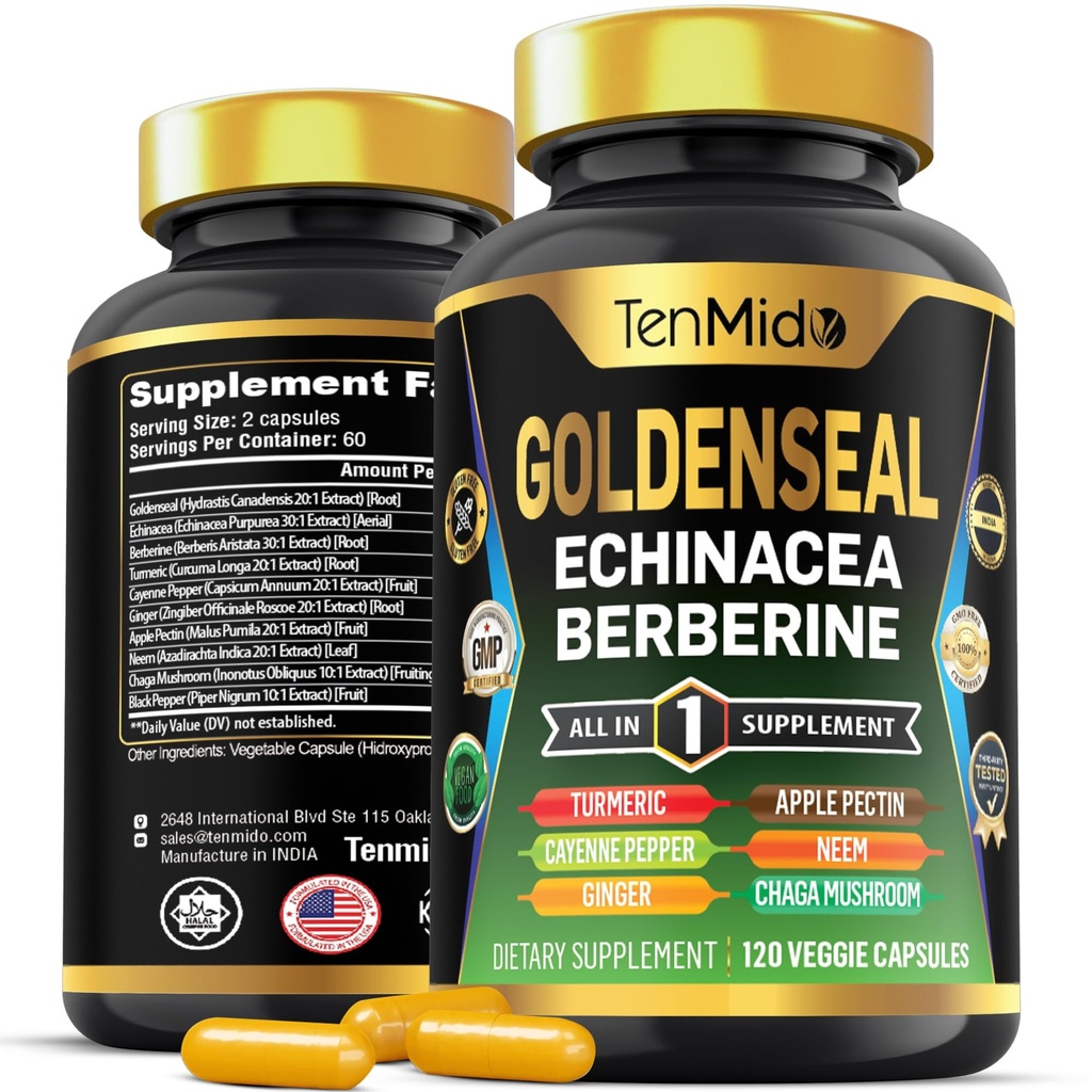 Goldenseal juuri täydentää - 10in1 Formula - Yhdistää Echinacea, Berberiini, Turmeric, Cayenne Pepper, Inkivääri, Apple Pectin, Neem, & enemmän - Ruoansulatuskanavan terveystuki - 120 kapselia
