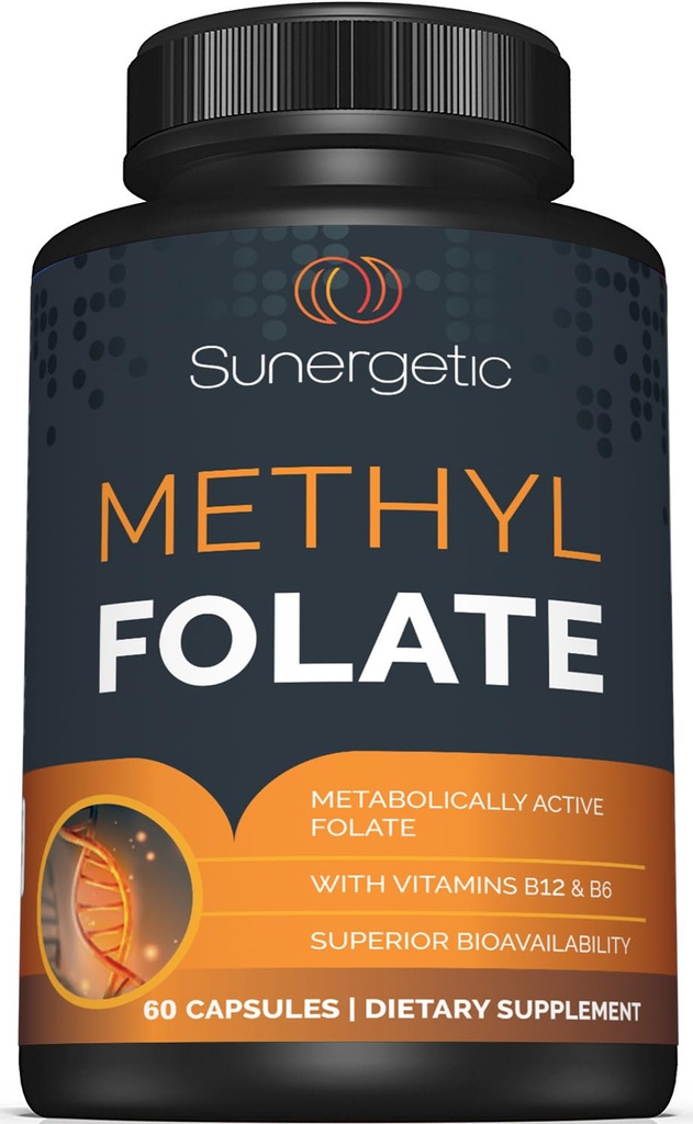Sunergetic Premium Methyl Folate Supplement - med Methylated Vitamin B12 och Vitamin B6 - Metabolically Active Folate som Magnafolate - Methylfolate 400 mcg per kapsel - 60 kapslar