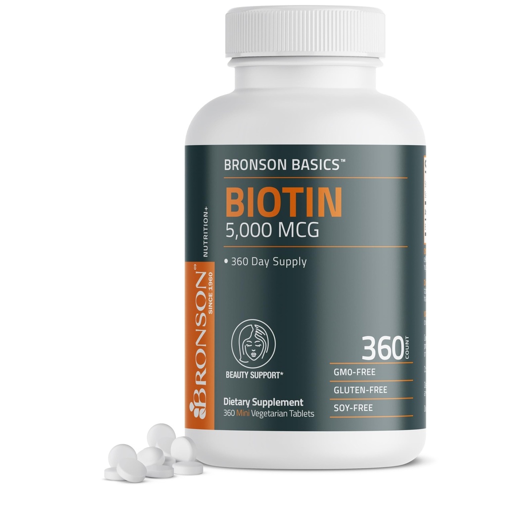 Bronson Biotin 5 000 MCG tukee terveitä hiuksia, ihoa ja kynsiä sekä energiaa tuotanto - korkea potenssi Kauneus tuki - ei-GMO, 360 kasvissyöjä tablettia