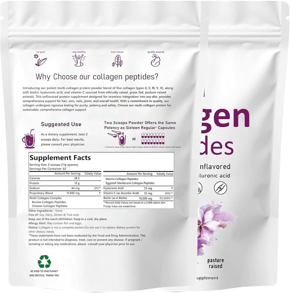 Multi Collagen Peptides, tyyppi I, II, III, V, X, Makuton, 1 lb (453, 6 g), Biotiini, C-vitamiini, hyaluronihappo, Grass-Fed, pastöroitu