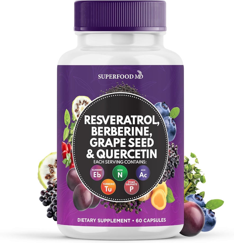 Resveratrol Berberine Grape Seed Extract Quercetin - Polyphenol Supplement med Noni Extract, N-Acetyl Cysteine, Acai Extract - Tillverkad i USA - 60 kapslar
