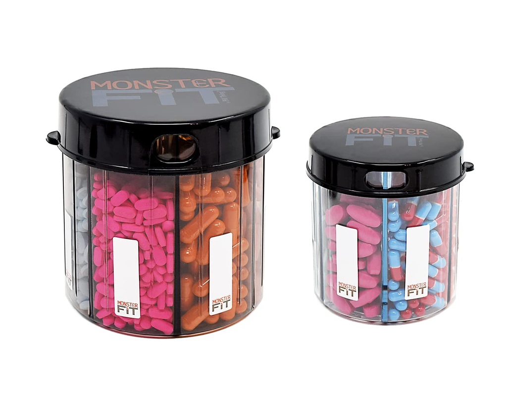 Monster & Monster Jr Supplement Lääkkeet pilleri annostelijat 2 Pakkaus etiketeillä, Erittäin suuri ja pieni pilleri säiliö pullot käsitellä lähes kaikki täydentää, helppo purkaa (Monster & Monster Jr.)