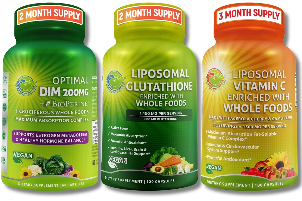 Total Immun, Hormonal & Antioxidant Support Bundle för kvinnor och män - Liposomal Glutathione 500mg + Liposomal Vitamin C 1500mg + DIM 200mg med BioPerine® & Cruciferous Whole Foods - Vegan & Non-GMO