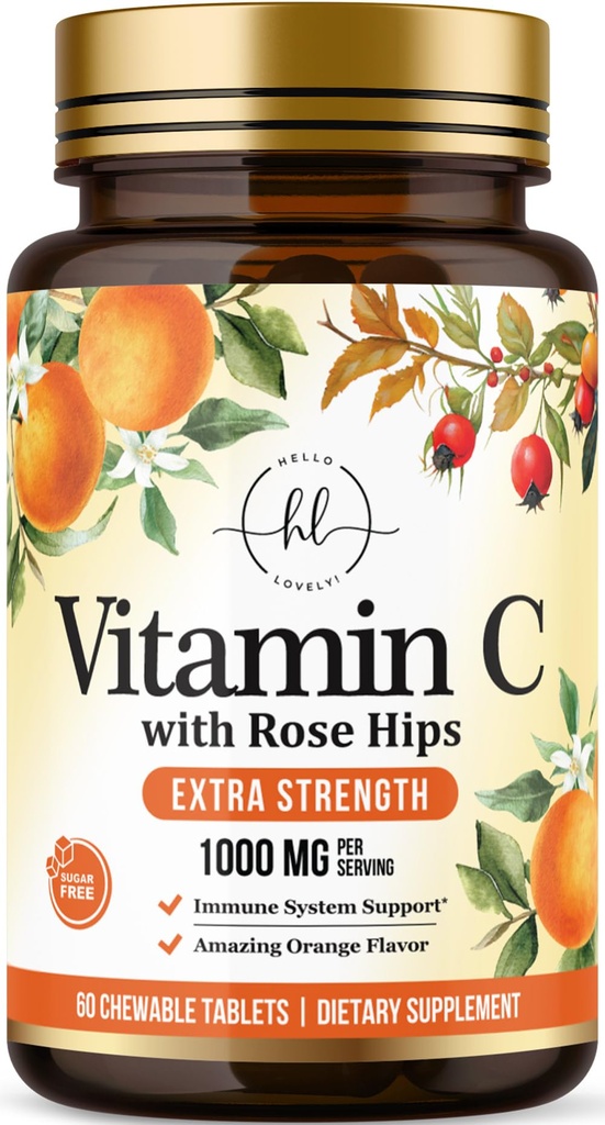 Vitamin C Supplement 1000mg - Extra styrka med Rose Hips Bioflavonoider - Sugar Free Vitamin C Chewable Pills, Naturens Vit C för immunstöd och antioxidantskydd - 60 Tabletter