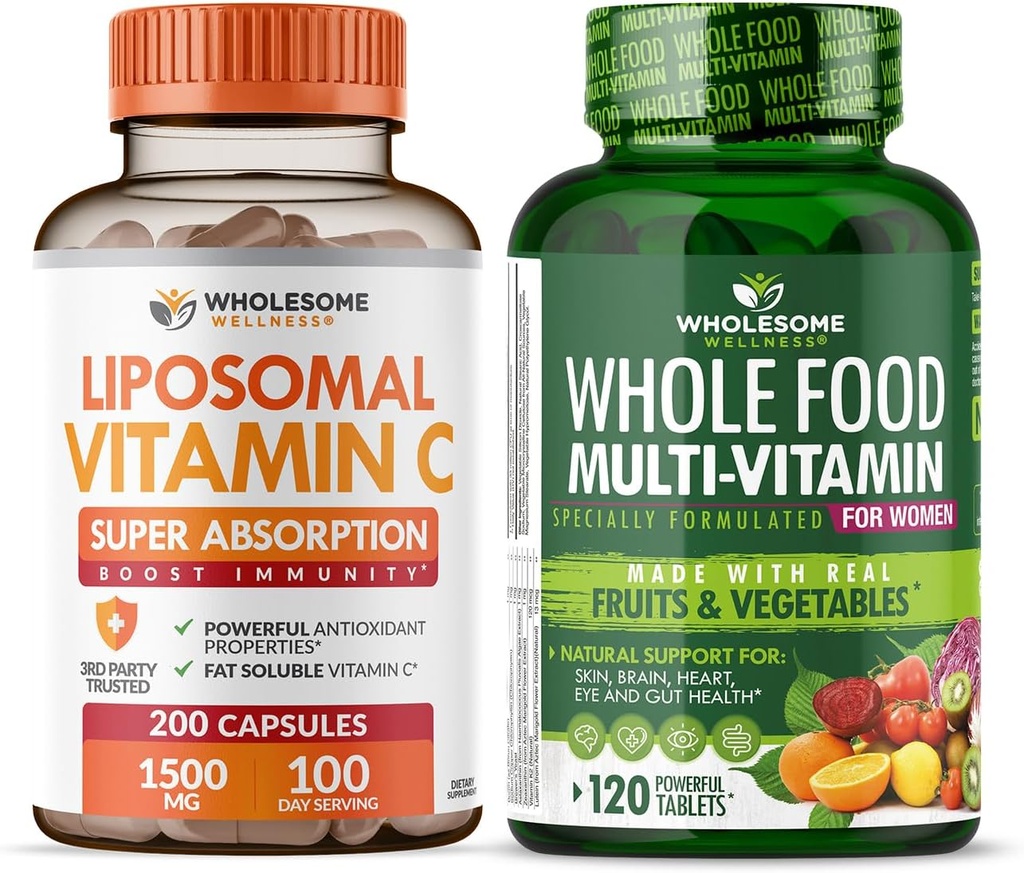 Wholesome Wellness Liposomal Vitamin C Capsules (200 Pills 1500mg Buffered) High Absorption VIT C + Whole Food Multivitamin för kvinnor - Naturliga multivitaminer, mineraler, organiska extrakt Bundle
