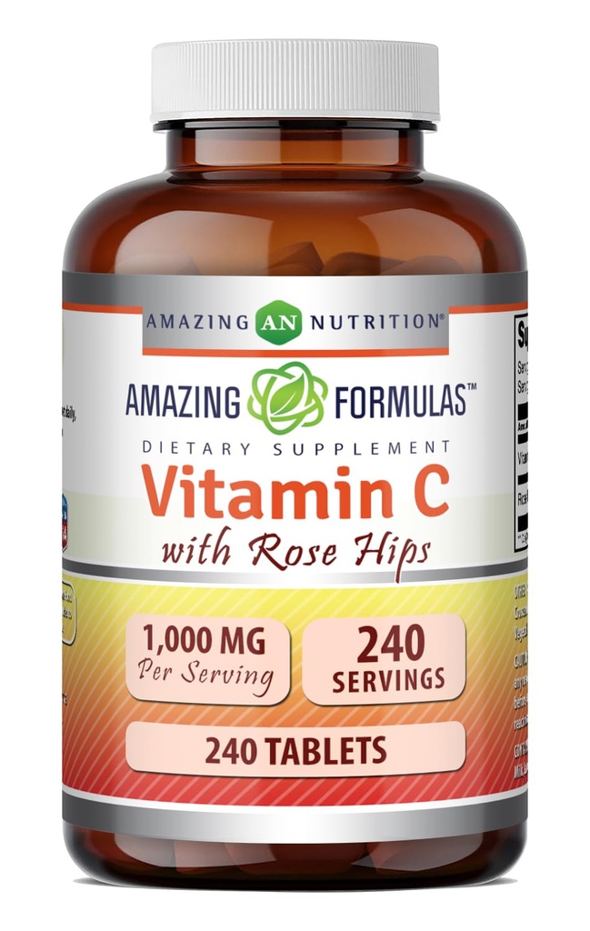 Fantastiska formler Vitamin C med Rose HIPS Supplement | 1000 Mg | 240 tabletter | Icke-GMO | Glutenfri | Tillverkad i USA