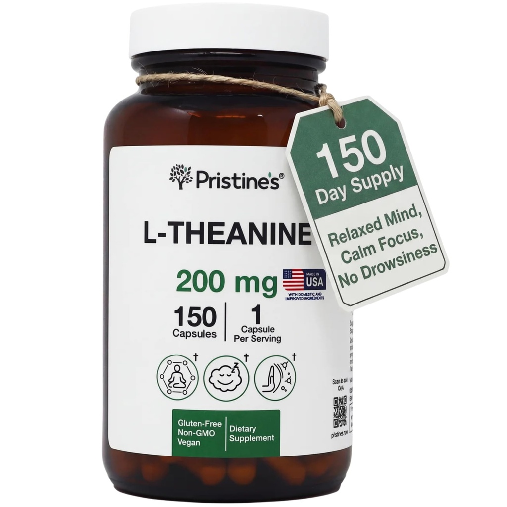 Pristine's L Theanine 200mg Supplement kapselit - 3rd Party Tested Non GMO -150 Day Supply - Rentoutumista ja unen laatua tukevat kapselit - Vegan, cGMP laitos & Gluteeniton lasipullot