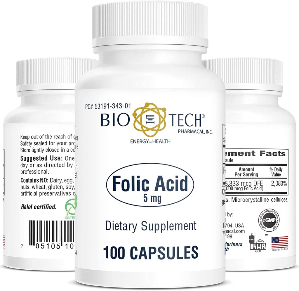 Bio-Tech Pharmacal Folic Acid (5mg, 100 greve)