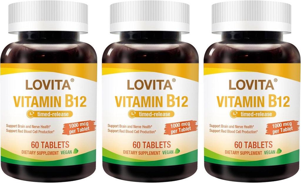 Lovita-vitamiini B12 1000 mikrog (B12-vitamiinia Cyanocobalamiinina), ajoitettu julkaisu B12, kasvisystävällinen, tukee hermostoa, 60 kasvissyöjätablettia (2 kuukauden toimitus) (paketti 3)