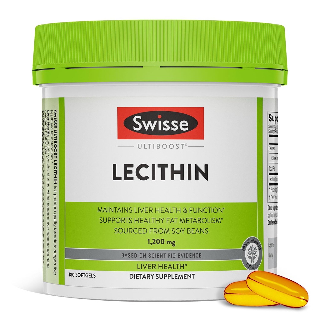 Swisse Soy Lecithin 1200mg Softgels Capsules | Behåller leverhälsa och funktion * | Stöder fettmetabolism * | Choline Lecithin Supplement 1200 mg | 180 Softgels