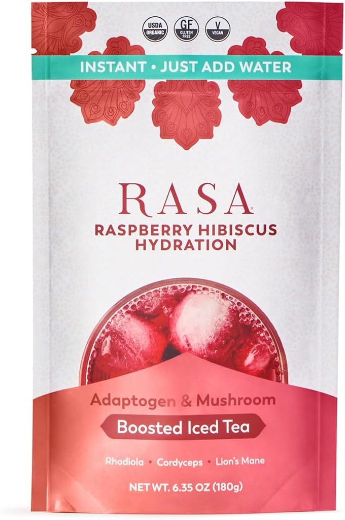 Rasa Vadelma Hibiscus Nesteytys ... Organic Boosted Iced Tea with Adaptogens and Mushrooms ... Gluteeniton, Premium Electrolyte Powder Drink Mix, virkistävä nesteytys (6 oz / 24 tarjoilua)