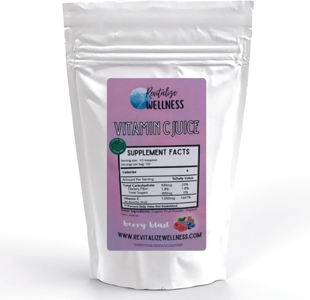 C-vitamiini Juice Powder 1000 mg C-vitamiini askorbiinihappoa tarjoilua kohti Berry Blast Makeutusainetta ei lisätty 150
