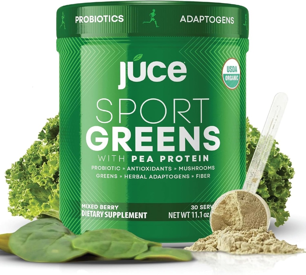 Juce SG7 Sport Greens Powder Supplement | Organic Plant Based Protein | Green Juice Powder | Probiotika | Mushrooms | Mixed Berry Flavor | 30 Servings | Av Terra Kai Organics