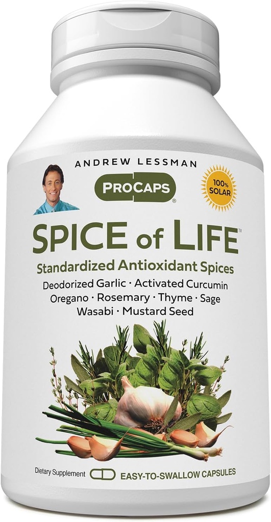 ANDREW LESSMAN Spice of Life 240 kapselia - kahdeksan tieteellisesti perustettua uutteet, keskittyä. Terveyttä edistäviä mausteita. Valkosipuli, kurkumiini, oregano, rosmariini, salvia, thymi, sinappisiemen, wasabi