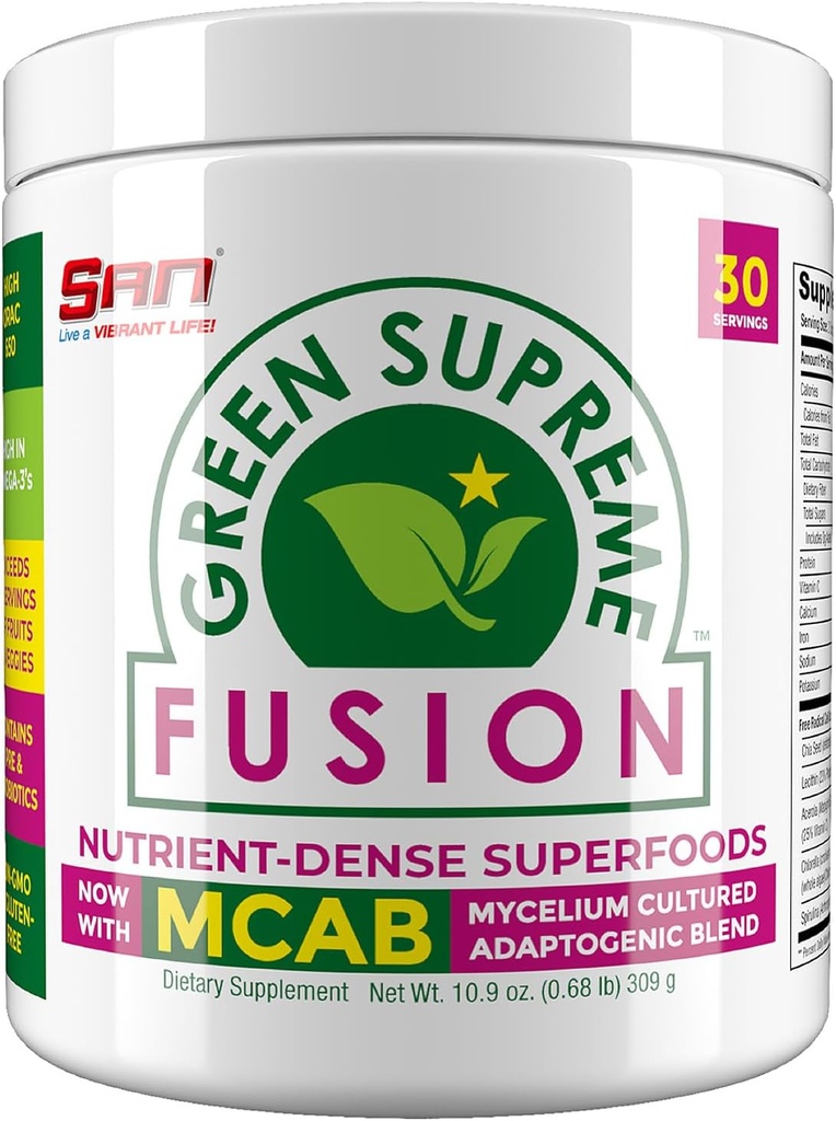 SAN Nutrition grön Supreme Fusion Blend Antioxidant: Super Greens Smoothie Mix med Spirulina, Chlorella, Adaptogenic Mushrooms, 30 portioner