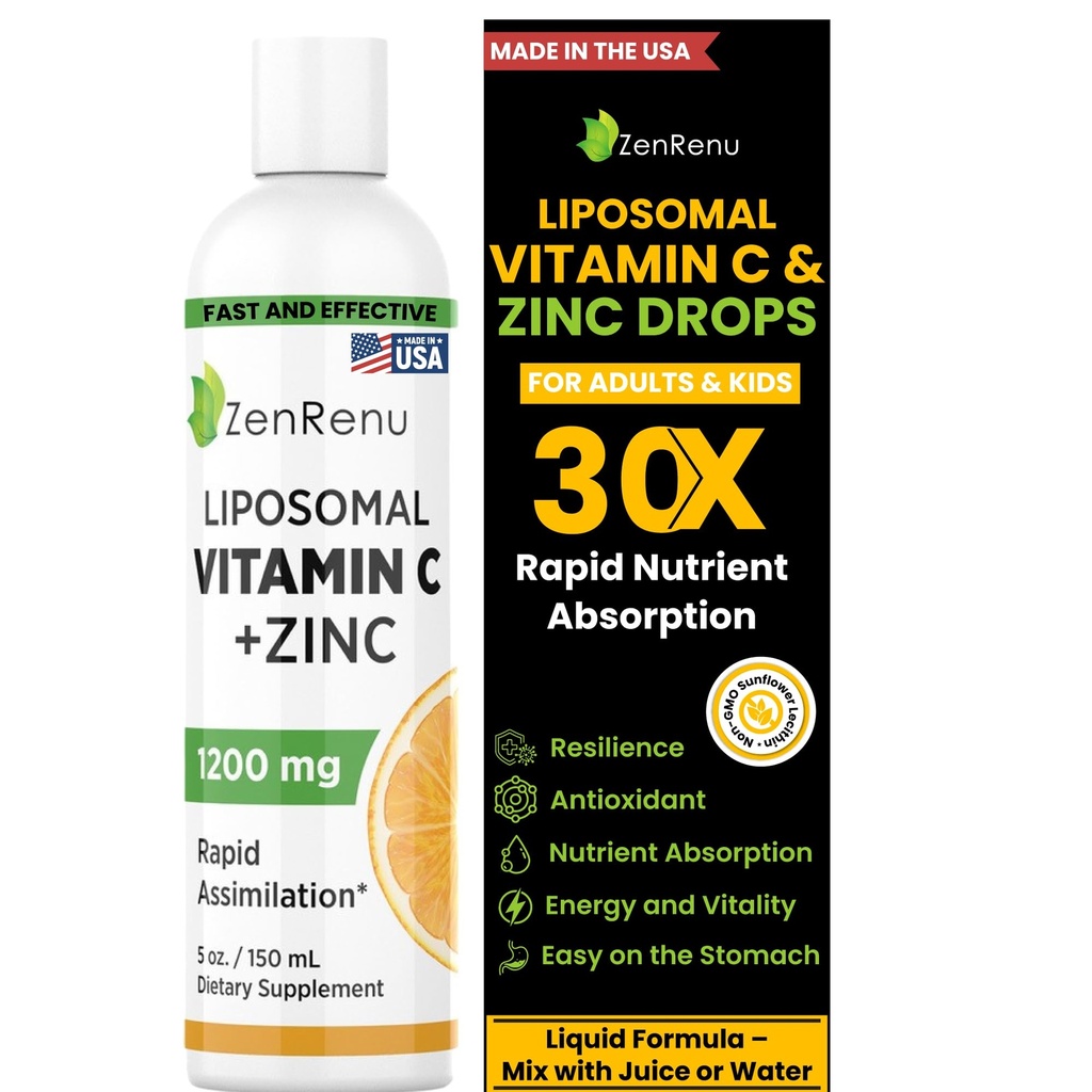 Zenrenu Liposomal Vitamin C och Zink Liquid Drink för vuxna och barn - Non GMO Sunflower Lecithin - Max Antioxidant & Immune Support, 5 oz / 150 ml