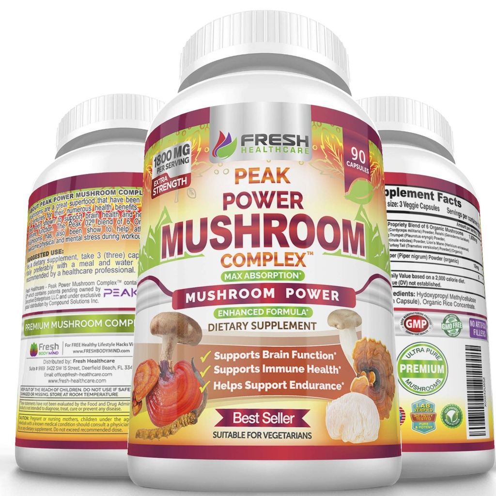 TUOREET TERVEYSARE Sienen lisäravinteet - Lions Mane, Cordyceps, Reishi, Turkey Tail, ja Shitake - Immuuni- ja aivotuki - Peak Power Mushroom Supplement - 90 Vegan Kapselit