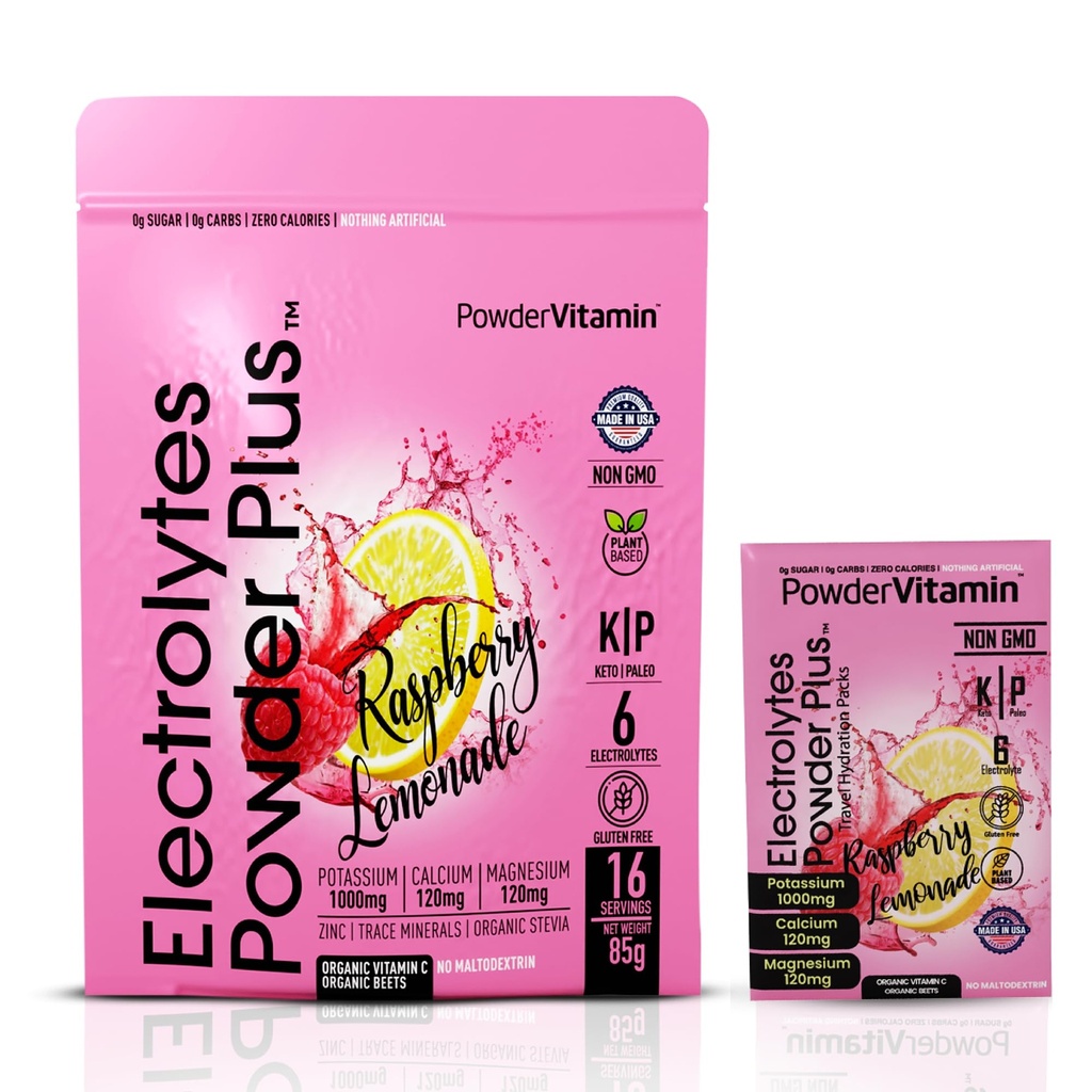 PowderVitamin Elektrolytes Powder Plus, Keto, Vadelma sitruuna, sokeriton, vaaleanpunainen Himalajan suola, 1000 mg Kalium, 120 mg kalsium, 120 mg magnesium, ei-GMO, nollakalorit, (16 nestepakkaus)