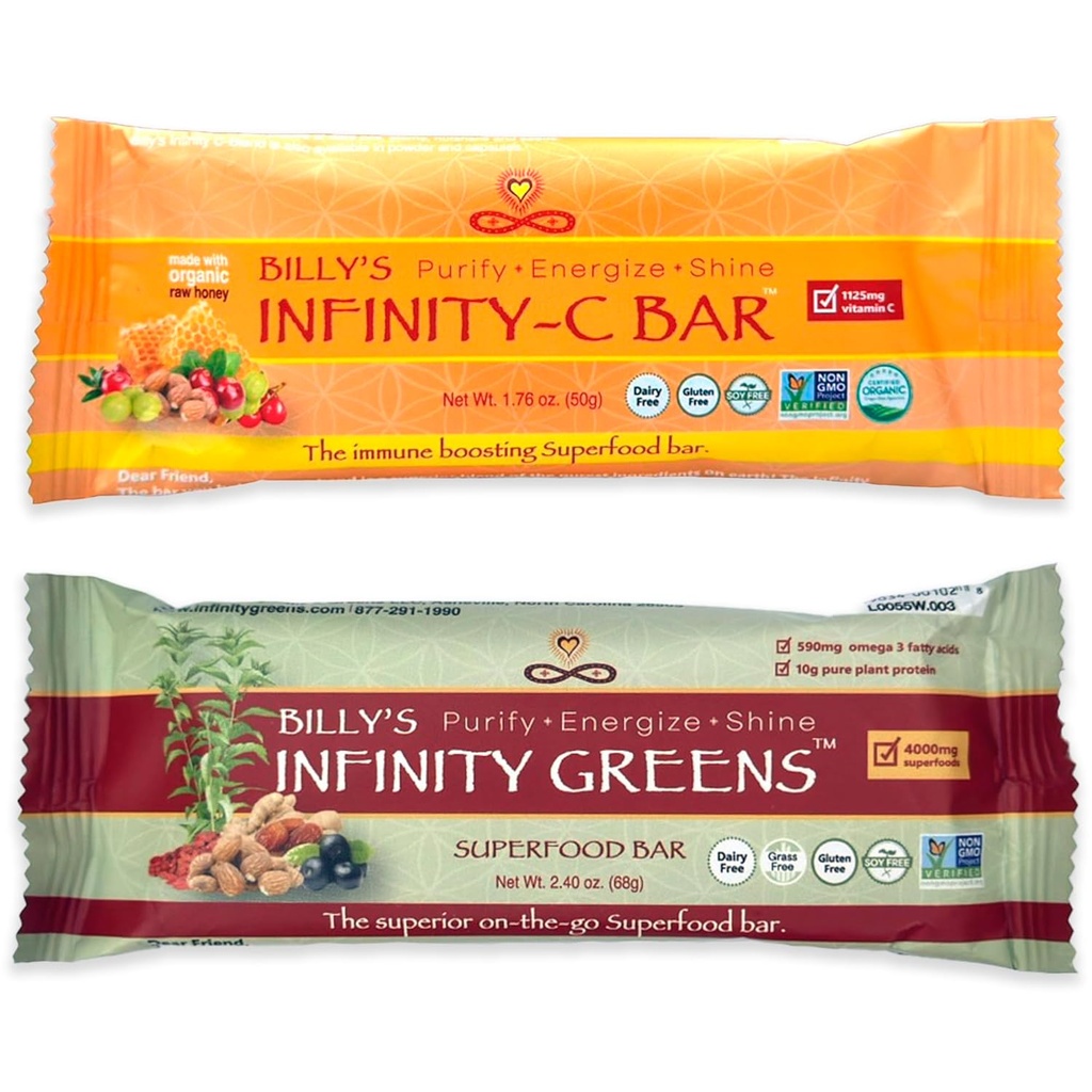 Infinity Greens Bundle, 1 laatikko Vihreät Superfood Bars (12 pakkaus), 1 laatikko Organic C-vitamiini Välipalat (12 pakkaus)