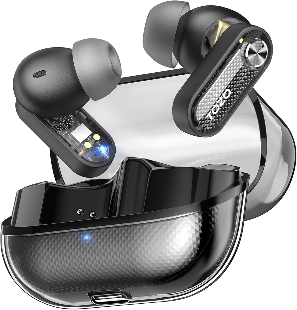 TOZO Crystal Pods Hybridi Aktiivinen melu Canceling Wireless Earbuds, 10mm Ajurit Deep Bass Stereo Sound, 4 Mics Smart ENC AI puhelut, 32 EQ kautta App, Bluetooth 5.4 Kuulokkeet, Kristallikotelon suunnittelu