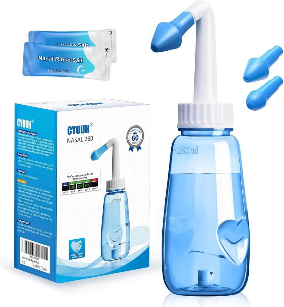 Neti Pot Sinus Rinse Bottle 260 ML med 60 Nasal Wash Salt Packets och Sticker Thermometer Nose Wash Cleaner Pressure Rinse Nasal Irrigation för Adult & Kid BPA Free (Blue)