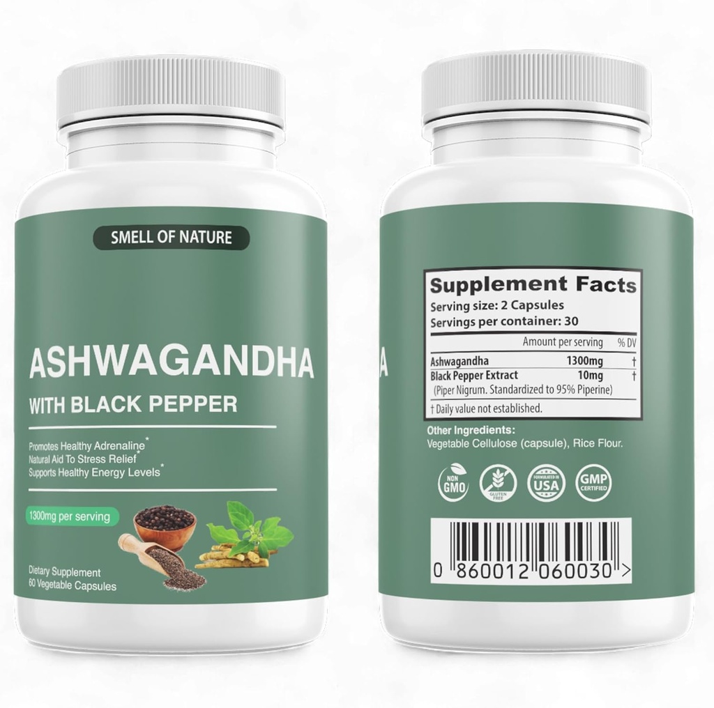 Naturens lukt organiska Ashwagandha kosttillskott med Black Pepper Extract - 1300mg Pure Ashwagandha Extract - Energy Support - Non-GMO, Gluten-Free, Vegan - 60 kapslar