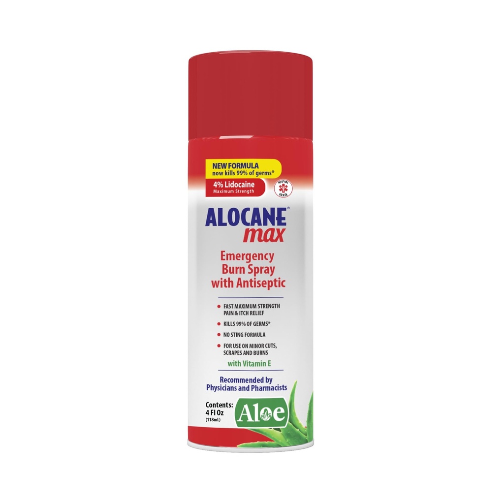 ALOCANE Emergency Burn Spray, 4% Lidokaiini Max Strength Nopea kipu kutina helpotus pienille paloille, auringon polttaminen, keittiön ensiapu Burn Care, 4 Fl Oz