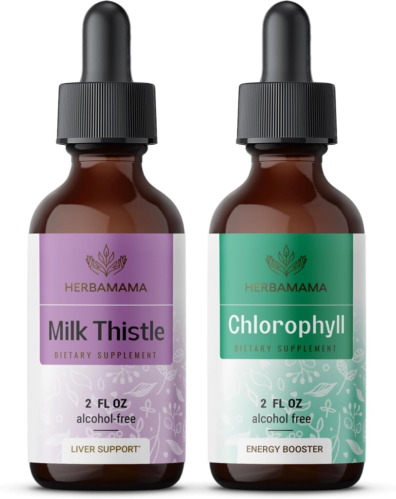 HERBAMAMA Herbal Liquid Drops Kit - Bundle of Milk Thistle Extract 2 fl oz ja Liquid klorofylli 2 fl oz - Vegan Supplement Liquid Extract - Ei GMO, sokeri & alkoholiton - 2 pakkaus