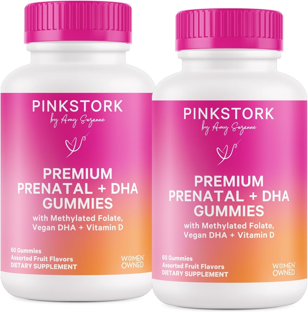 Pink Stork Premium prenatal Gummy Vitamiinit DHA, Folaatti, ja D-vitamiini - 60 Vegan Gummies - 2 pakkaus