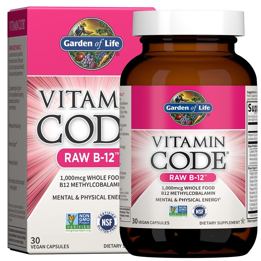 Life-vitamiinin koodi Raw B-12-30 kapselit, 1000 mcg Koko ruoka B12 Metyylikobalamiini energia, Vegan Methylcobalamin Vitamiini Plus Probiootit ja entsyymit, Gluteenittomat lisäravinteet