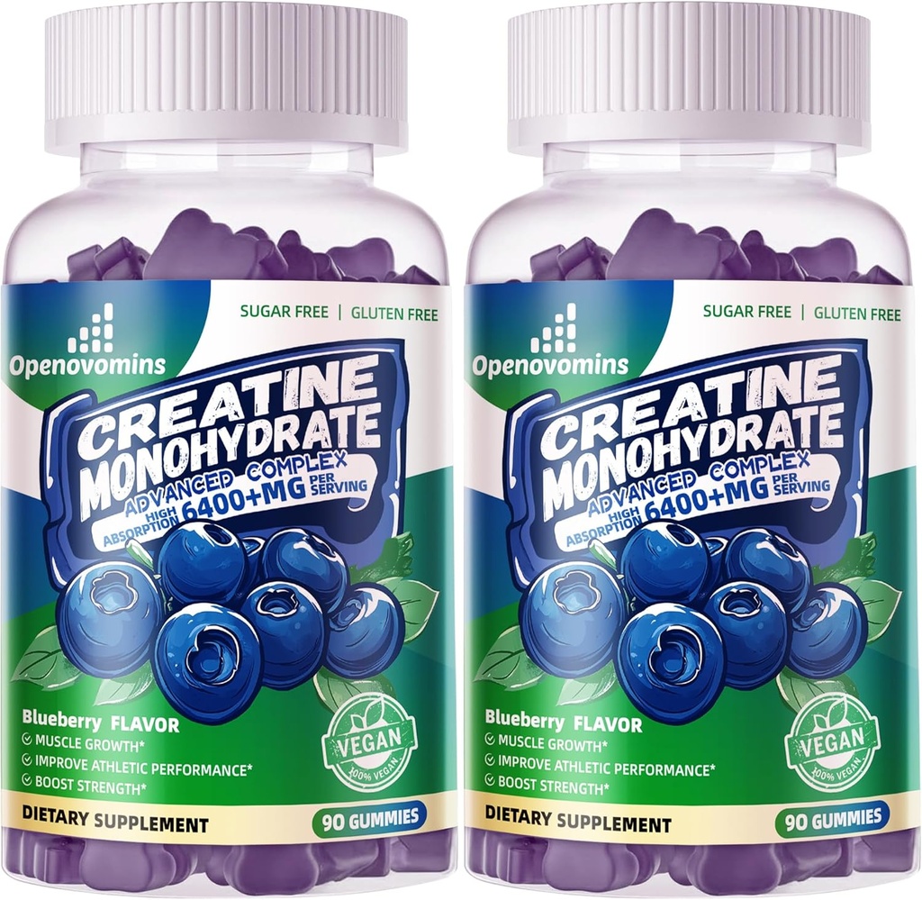 Kreatiini Monohydraatti Gummies Complex miesten & naisten - Advanced Formula W/L-Tauriini + B12-vitamiini, sokeriton purutabletti, 180 mustikka Gummies 2pack