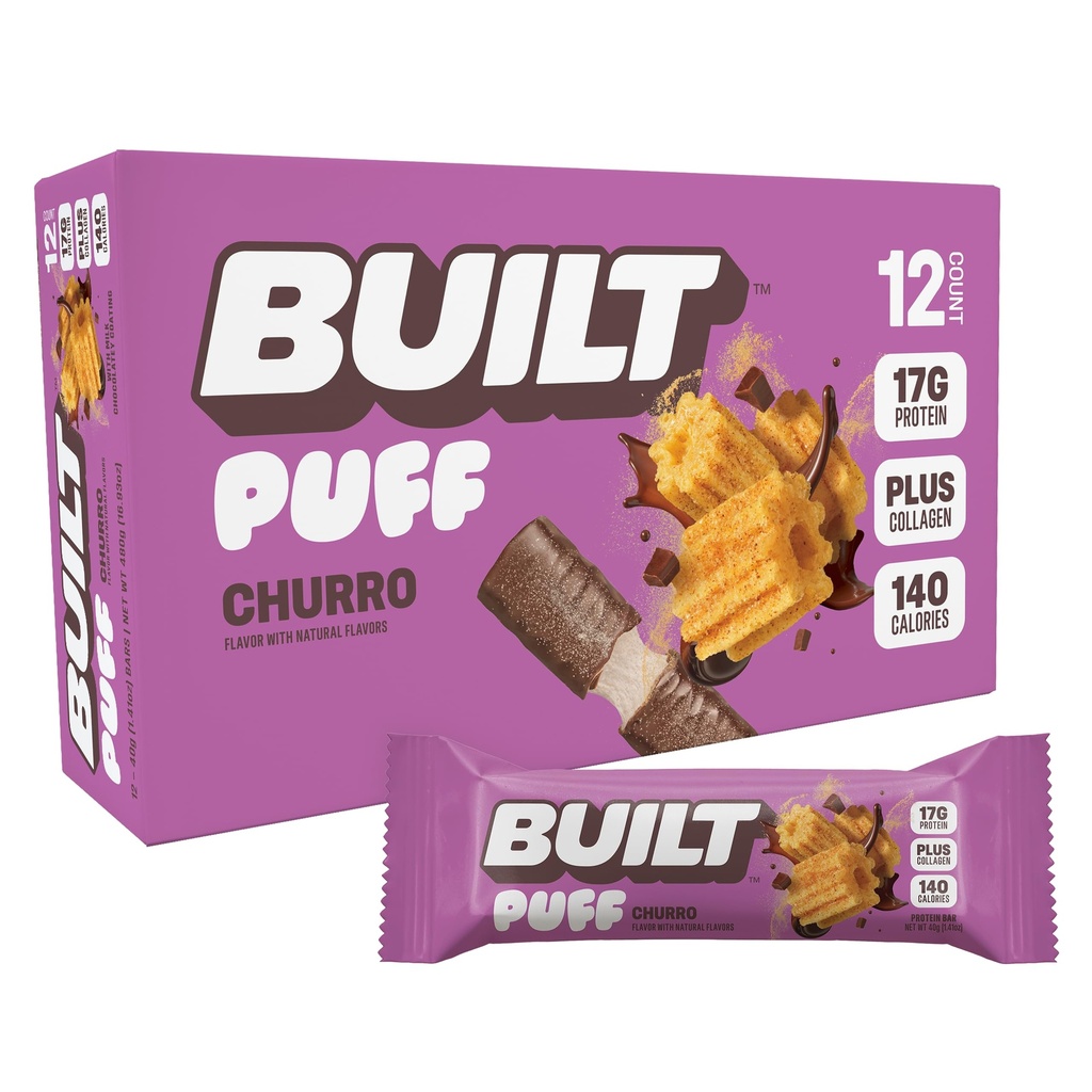 Rakennettu bar, Puff Protein Bars, Churro Puff, 17g Protein Snacks, On-The-Go Bars, Vain 140 kaloria & 6g Sokeri, Kollageeni, Gluteeniton, 12