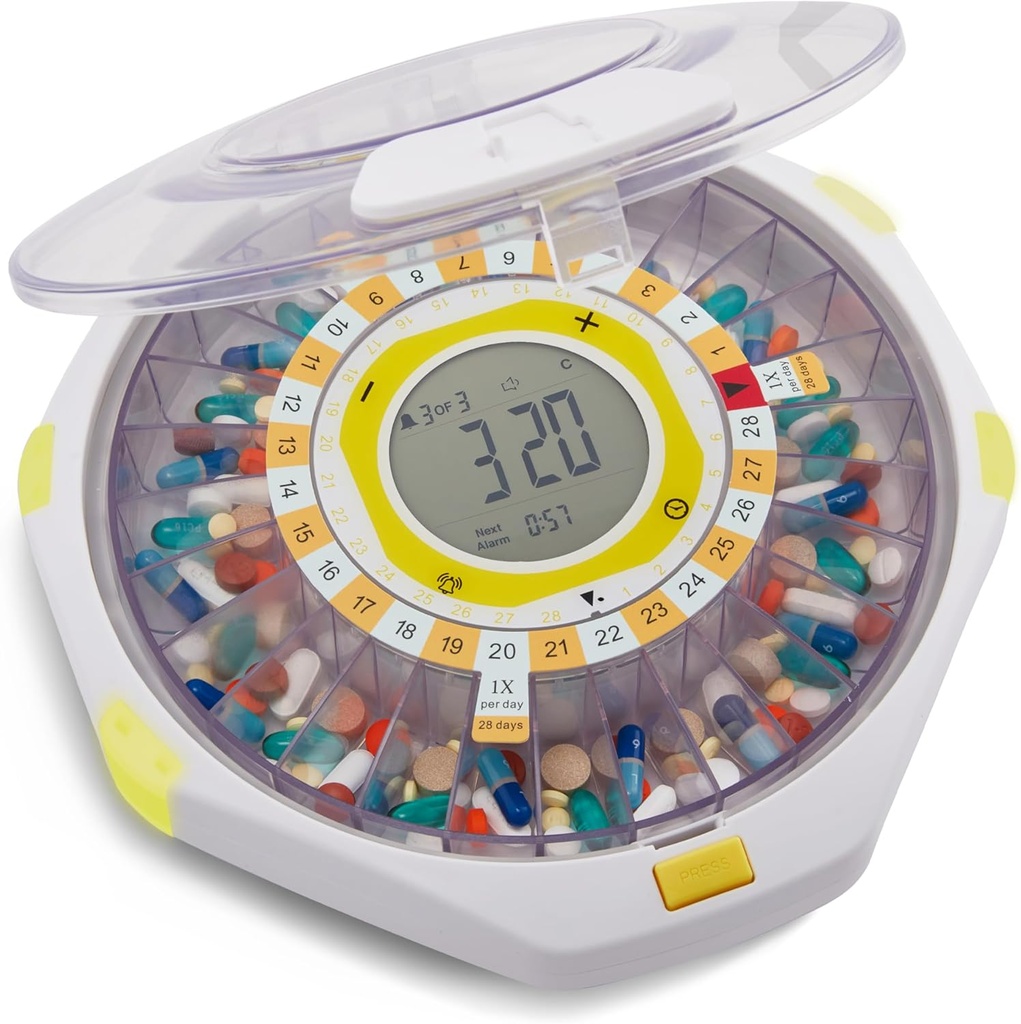 LiveFine Bluetooth automaattinen pilleri Dispenser, 28 päivän kapasiteetti, ääni & valo hälytykset, Key Lock, LCD & Easy Setup LiveFine sovellus fluoresoi, lääkkeet, vitamiinit & lisäravinteet - Clear Lid
