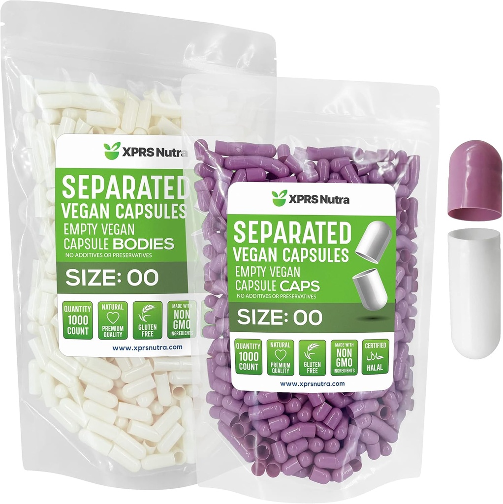 XPRS Nutra Vegan Koko 00 Erilliset kapselit - 1000 Count Premium Tyhjät kapselit Erotettu laukkuihin - 00 pillereitä Tyhjä DIY täydennystä (Laventeli/valkoinen)