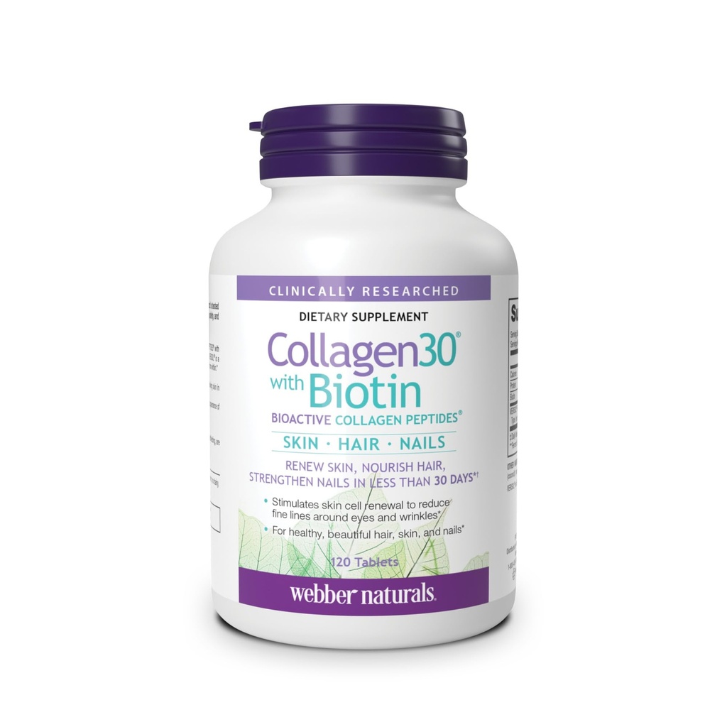 Webber Naturals Collagen30 Biotin, 2500 mg Bioactive Collagen Peptides 5 000 mikrog Biotin Per Serving, 120 tablettia, Advanced ravinto ihon, hiusten ja kynsien, Dairy & Gluten Free